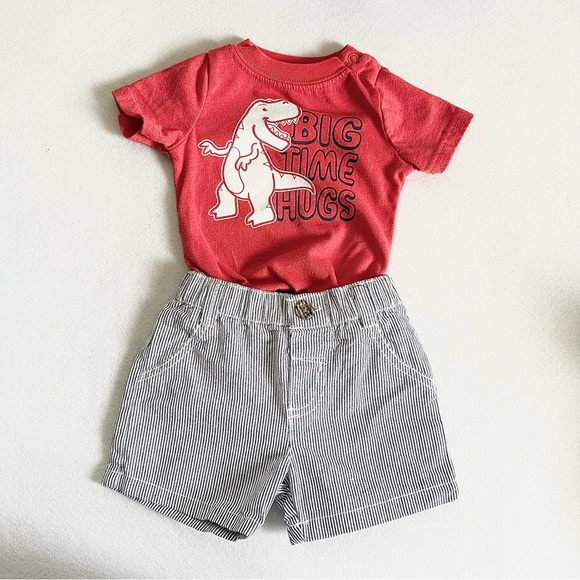 Other - 2 pc. Set 0-3 months Red Dinosaur Graphic Tee and Striped Shorts Set